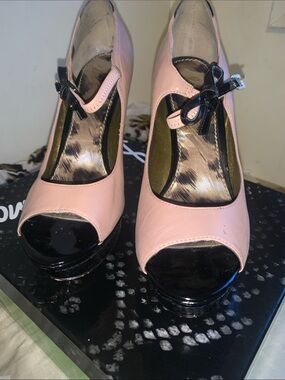 Sam Edelman Nude Peep-Toe Platform Heels with Black Patent Trim